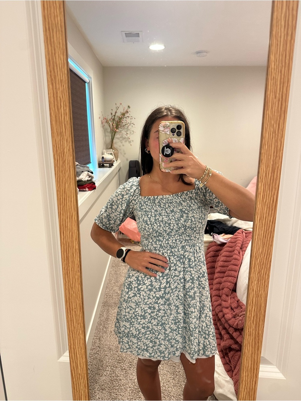 Everly Sage Green Floral Square-Neck Mini Dress